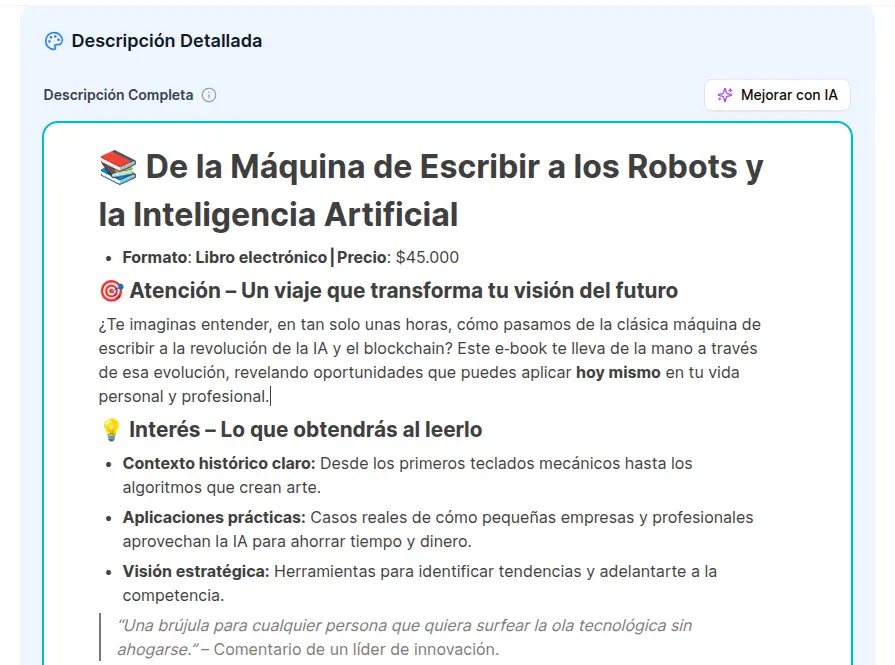 Asistente de Stanify para mejorar la descripción de un producto con inteligencia artificial