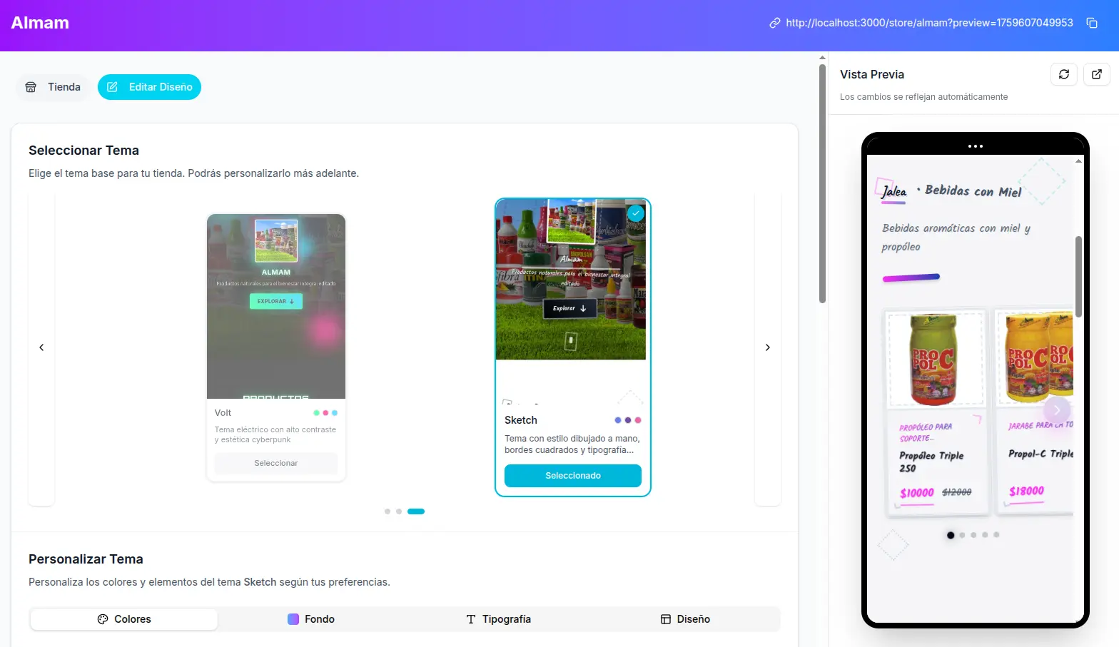 Editor de diseño de Stanify con selección de temas y vista previa móvil